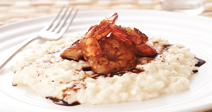 Traditional Hard Cheese Risotto with Garlic Butter Prawns